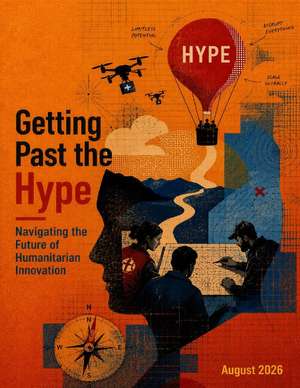 Illustration of a antique-style compass set against an orange grid background, serving as the cover for the 'Getting Past the Hype' humanitarian report